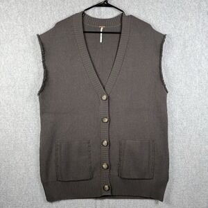 Free People Sweater Vest Women's Small Brown Boho Raw Hem Button Front Pockets
